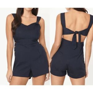Unique Vintage Heat Wave Romper | L | Navy | Tie Back | Side Buttons | Retro